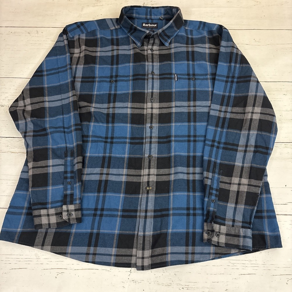 Barbour Flannel Shirt Plaid Mens 3XL Blue Cotton Button-Up Long Sleeve Casual